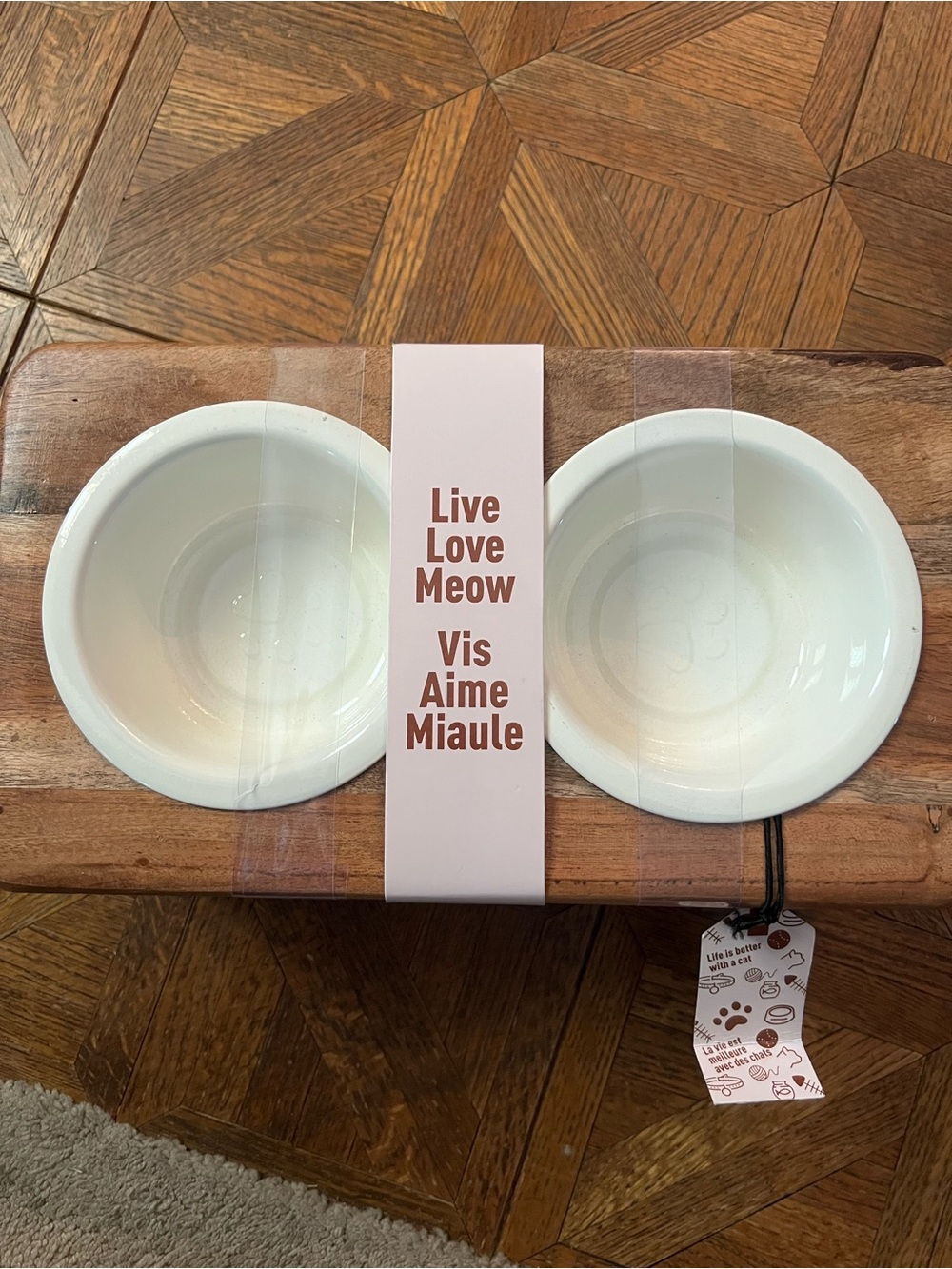 Live Love Meow Double Cat Bowl Set - White metal bowls with ceramic like coat.
